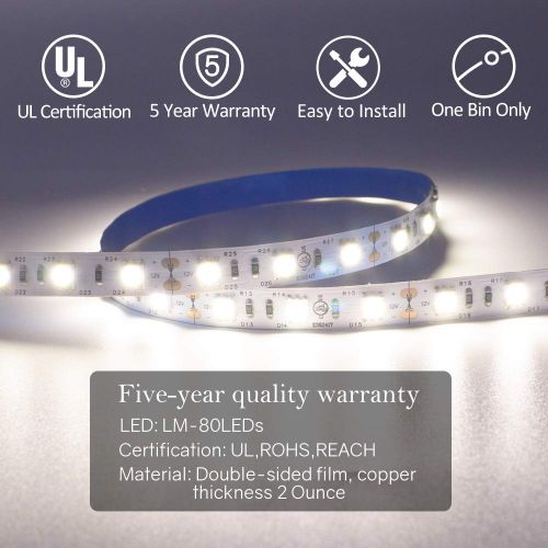  HitLights Cool White LED Light Strip, Premium High Density 5050-16.4 Feet, 300 LEDs, 5000K, 384 Lumens per Foot. 12V DC Tape Light. UL-Listed