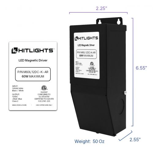  HitLights Magnitude Dimmable Driver, 60 Watt Magnetic LED Driver - 110V AC-12V DC Transformer. Made in the USA. Compatible with Lutron and Leviton for LED Strip Lights, Constant Voltage LED