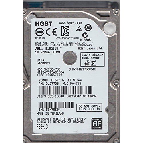  HTS547575A9E384, PN 0J27703, MLC DA4755, Hitachi 750GB SATA 2.5 Hard Drive