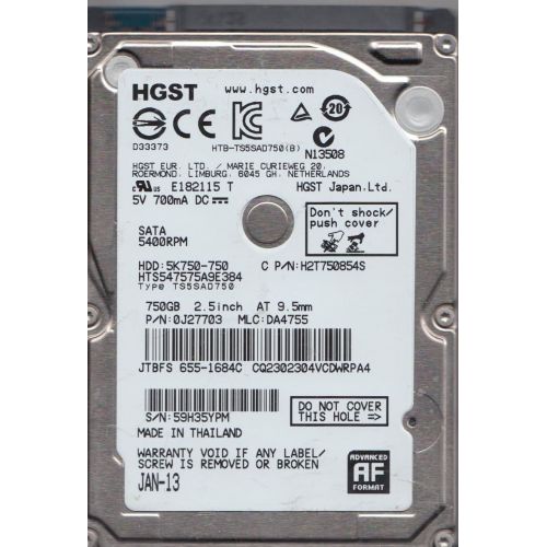  HTS547575A9E384, PN 0J27703, MLC DA4755, Hitachi 750GB SATA 2.5 Hard Drive