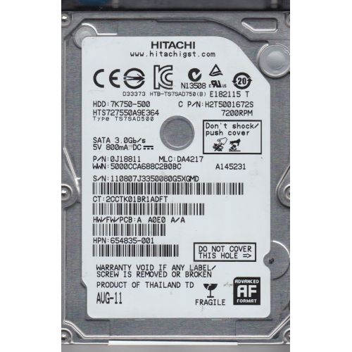  HTS727550A9E364, PN 0J18811, MLC DA4217, Hitachi 500GB SATA 2.5 Hard Drive