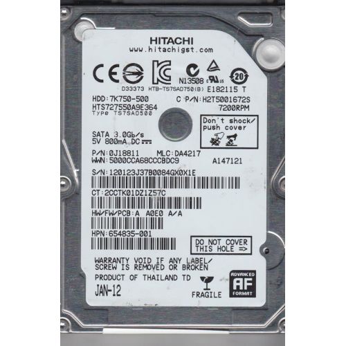  HTS727550A9E364, PN 0J18811, MLC DA4217, Hitachi 500GB SATA 2.5 Hard Drive