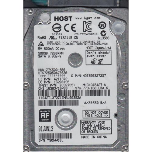  HTS725050A7E630, PN 0J32735, MLC DA5427, Hitachi 500GB SATA 2.5 Hard Drive