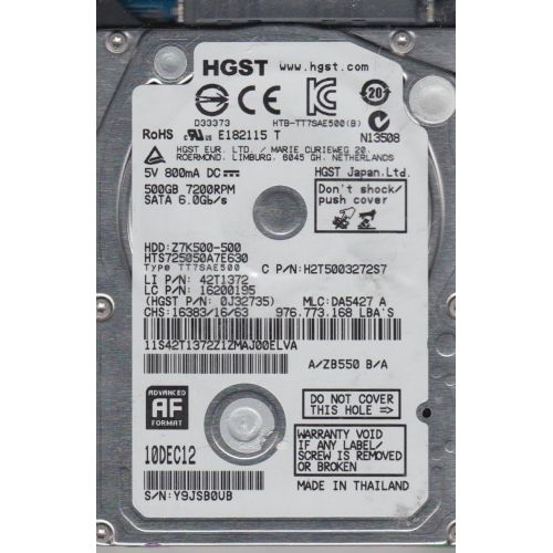  HTS725050A7E630, PN 0J32735, MLC DA5427, Hitachi 500GB SATA 2.5 Hard Drive