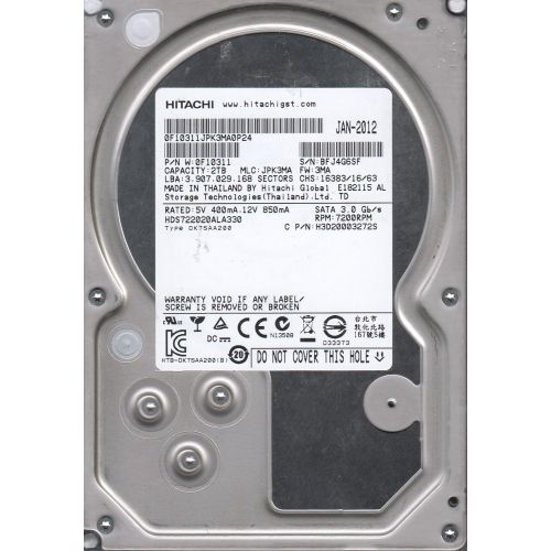  HDS722020ALA330, PN 0F10311, MLC JPK3MA, Hitachi 2TB SATA 3.5 Hard Drive