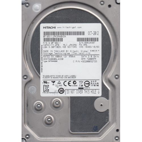  HDS722020ALA330, PN 0F10311, MLC JPK3MA, Hitachi 2TB SATA 3.5 Hard Drive