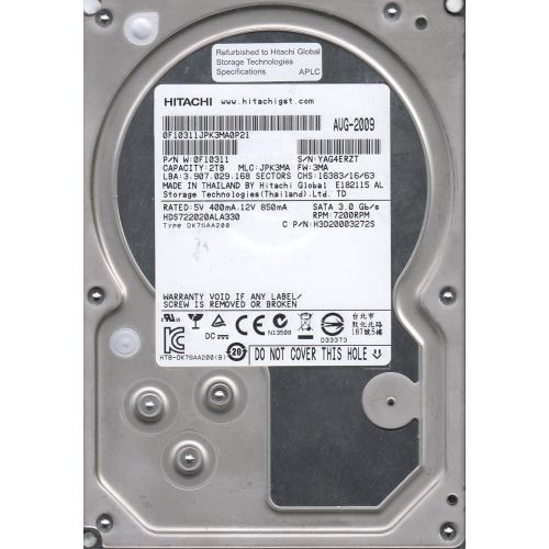  HDS722020ALA330, PN 0F10311, MLC JPK3MA, Hitachi 2TB SATA 3.5 Hard Drive