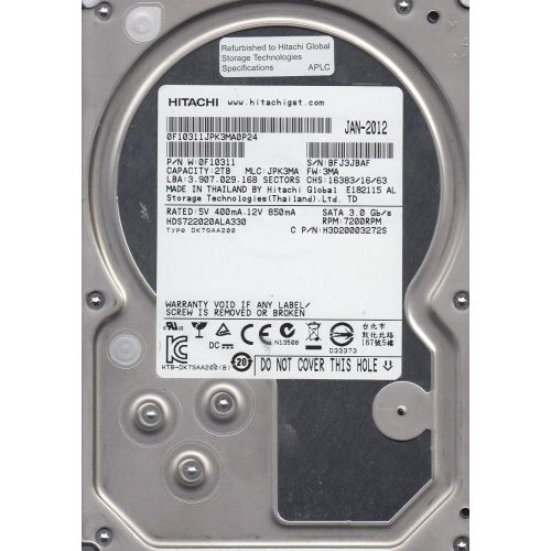  HDS722020ALA330, PN 0F10311, MLC JPK3MA, Hitachi 2TB SATA 3.5 Hard Drive