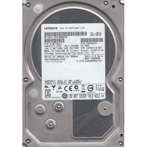  HDS722020ALA330, PN 0F10311, MLC JPK3MA, Hitachi 2TB SATA 3.5 Hard Drive