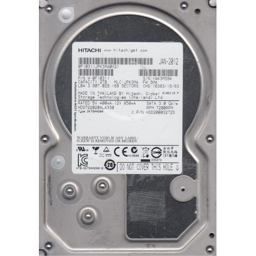  HDS722020ALA330, PN 0F10311, MLC JPK3MA, Hitachi 2TB SATA 3.5 Hard Drive