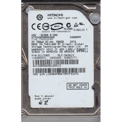  Hitachi Hard Drive SATA 9.5mm 500GB 2.5in 5400RPM HTS545050B9SA00