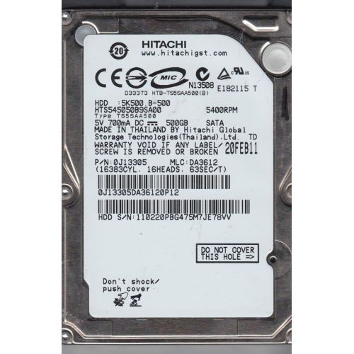  Hitachi Hard Drive SATA 9.5mm 500GB 2.5in 5400RPM HTS545050B9SA00