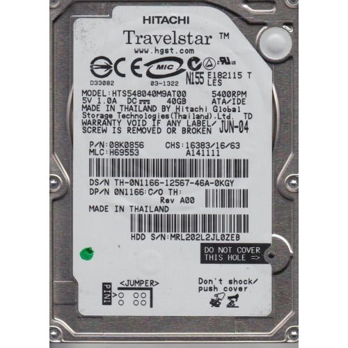  HTS548040M9AT00, PN 08K0856, MLC H69553, Hitachi 40GB IDE 2.5 Hard Drive