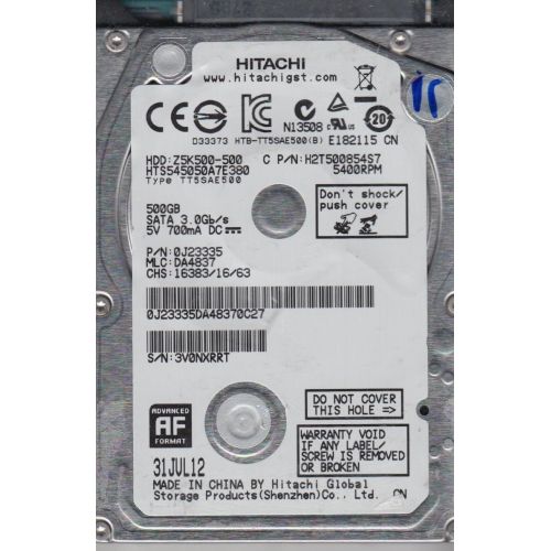  HTS545050A7E380, PN 0J23335, MLC DA4837, Hitachi 500GB SATA 2.5 Hard Drive