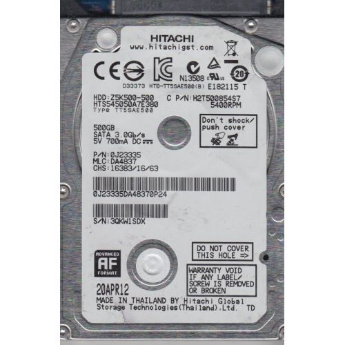  HTS545050A7E380, PN 0J23335, MLC DA4837, Hitachi 500GB SATA 2.5 Hard Drive