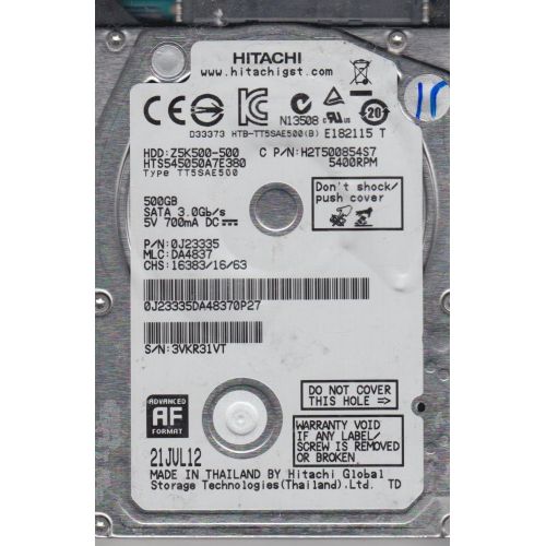  HTS545050A7E380, PN 0J23335, MLC DA4837, Hitachi 500GB SATA 2.5 Hard Drive