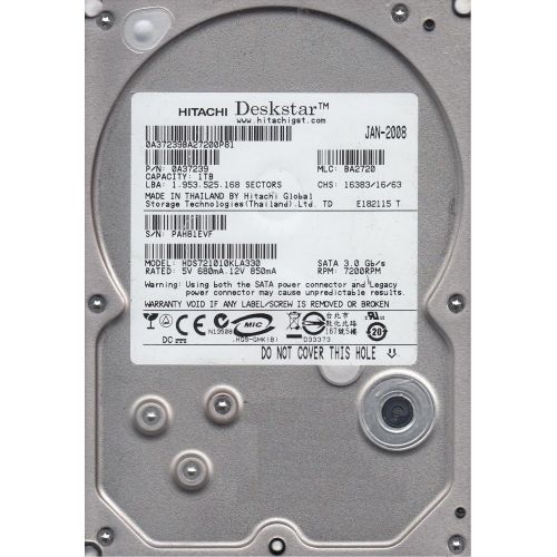  HDS721010KLA330, PN 0A37239, MLC BA2720, Hitachi 1TB SATA 3.5 Hard Drive