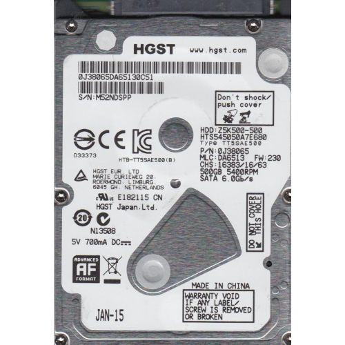  HTS545050A7E680, PN 0J38065, MLC DA6513, Hitachi 500GB SATA 2.5 Hard Drive