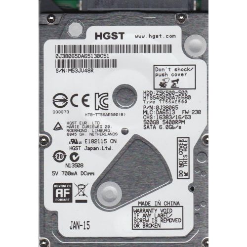  HTS545050A7E680, PN 0J38065, MLC DA6513, Hitachi 500GB SATA 2.5 Hard Drive