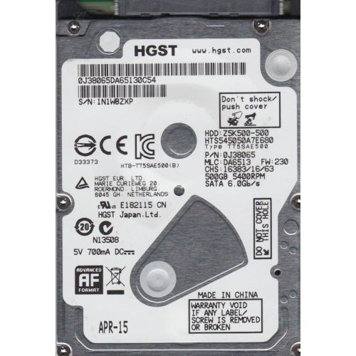  HTS545050A7E680, PN 0J38065, MLC DA6513, Hitachi 500GB SATA 2.5 Hard Drive