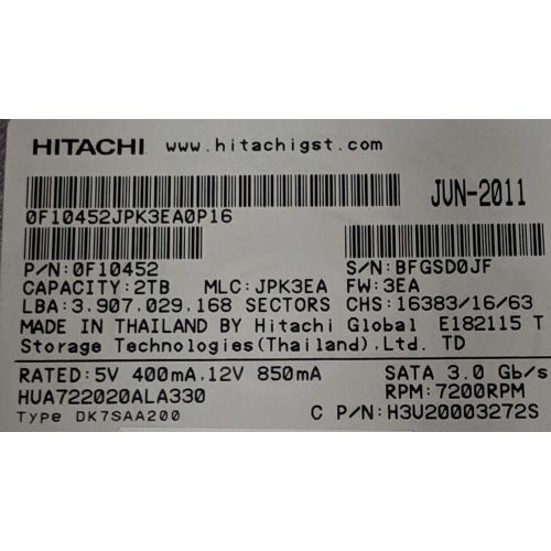  HUA722020ALA330, PN 0F10452, MLC JPK3EA, Hitachi 2TB SATA 3.5 Hard Drive