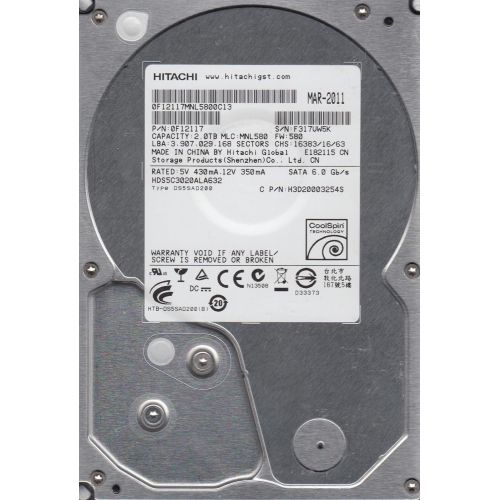  HDS5C3020ALA632, PN 0F12117, MLC MNL580, Hitachi 2TB SATA 3.5 Hard Drive