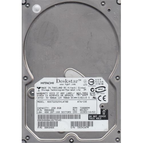  HDS722525VLAT80 Hitachi Deskstar 7K250 Hard Drive HDS722525VLAT80