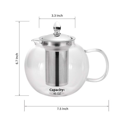  Hiware Glass Teapot Kettle with Infuser, Removable Tea Strainer, 45oz Large Microwavable and Stovetop Safe Tea Maker, Blooming & Loose Leaf Tea Pot Set