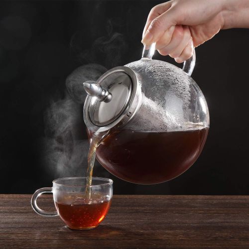  Hiware Glass Teapot Kettle with Infuser, Removable Tea Strainer, 45oz Large Microwavable and Stovetop Safe Tea Maker, Blooming & Loose Leaf Tea Pot Set