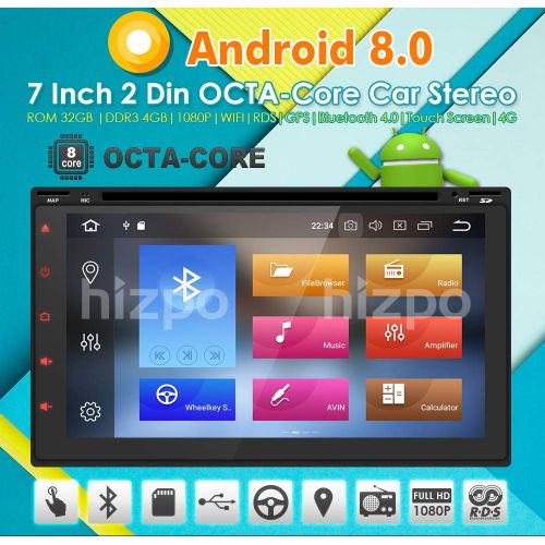  Hizpo 7 Inch Android 8.0 Octa Core 4G RAM 32G ROM HD Digital Multi-Touch IPS Screen Car Stereo DVD Player GPS Navigation Radio OBD2 WiFi DVR TPMS Double 2 Din