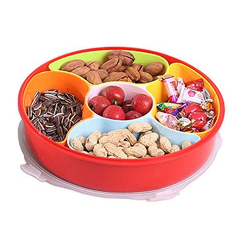  HmJay Creative Party Snacks Serving Tray with Lid, Nut Serving Container, Appetizer Tray with Lid, 5 Compartment Round Plastic Food Storage Lunch Organizer, Divided Snack Plate (Round Sh