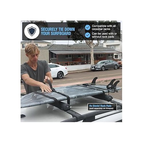  Ho Stevie! Surfboard Tie Down Straps (Pair) for Roof Rack Crossbars - Easy to Use - 'No Scratch' Silicone Buckle Covers Prevent Damage