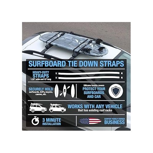  Ho Stevie! Surfboard Tie Down Straps (Pair) for Roof Rack Crossbars - Easy to Use - 'No Scratch' Silicone Buckle Covers Prevent Damage