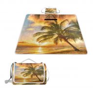 HoDeColor Tropical Beach Palm Trees Sunset Picnic Blanket Outdoor Tote Waterproof Backing Handy Camping Beach Hiking Mat