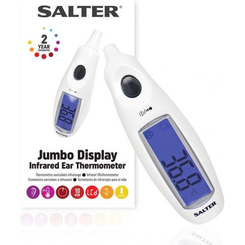  HoMedics SALTER Digitales Medizinisches Ohrthermometer mit Jumbo-Display, Hochprazise Messwerte fuer Erwachsene und Babys, Sofortige Messung, wasserdichte Sonde, Fieberalarm, 10 Speicher, ei