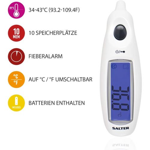  HoMedics SALTER Digitales Medizinisches Ohrthermometer mit Jumbo-Display, Hochprazise Messwerte fuer Erwachsene und Babys, Sofortige Messung, wasserdichte Sonde, Fieberalarm, 10 Speicher, ei