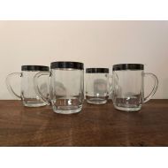 HobAndNail Four Dorothy Thorpe Clear Glass Mugs / Pint Glasses with Wide Silver Rims and Handles