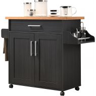 Hodedah Kitchen Island with Spice Rack, Towel Rack & Drawer, Black with Beech Top