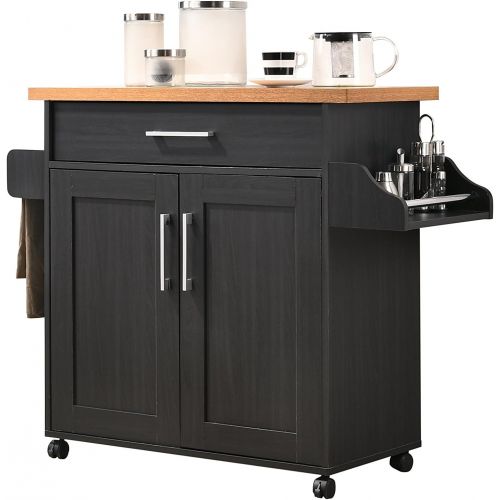  Hodedah Kitchen Island with Spice Rack, Towel Rack & Drawer, Black with Beech Top