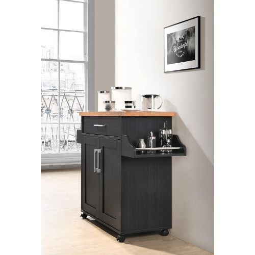  Hodedah Kitchen Island with Spice Rack, Towel Rack & Drawer, Black with Beech Top