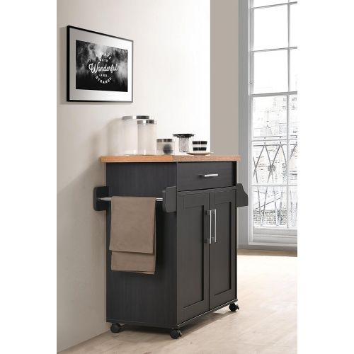  Hodedah Kitchen Island with Spice Rack, Towel Rack & Drawer, Black with Beech Top