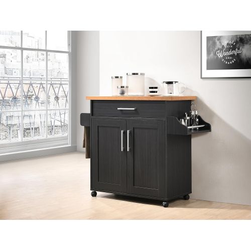  Hodedah Kitchen Island with Spice Rack, Towel Rack & Drawer, Black with Beech Top