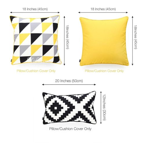  Hofdeco Decorative Outdoor Throw Lumbar Pillow Cover Water Resistant Patio Garden Picnic Decor Vivid Yellow Grey Black Triangle Ikat Diamond 18x18 12x20 Set of 3