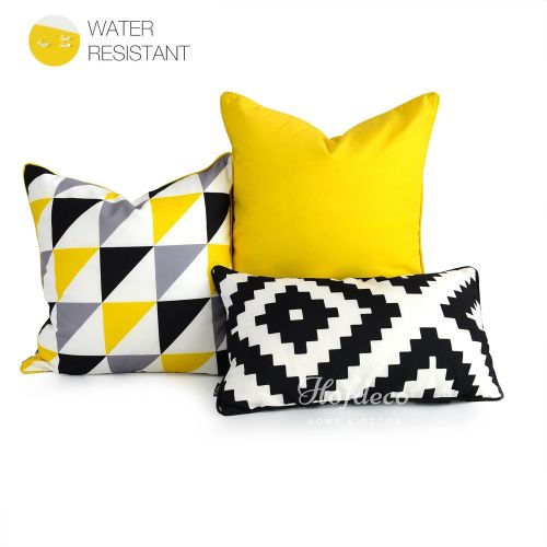  Hofdeco Decorative Outdoor Throw Lumbar Pillow Cover Water Resistant Patio Garden Picnic Decor Vivid Yellow Grey Black Triangle Ikat Diamond 18x18 12x20 Set of 3