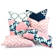 Hofdeco Decorative Outdoor Throw Lumbar Pillow Cover Water Resistant Patio Garden Picnic Decor Spring Garden Navy Pink Greek Key Quatrefoil Maze Chinoiserie Floral 18x18 20x20 12x2