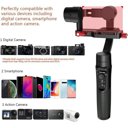  Hohem Isteady Multi 3-Axis Gimbal Stabilizer for Sony RX100 Series, Sony RX0, X3000, Gopro Hero 7, iPhone X XR XS, Handheld Gimbal Stabilizer with Tripod for Action Camera Digital