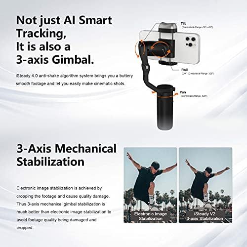  Hohem iSteady V2 3-Axis Gimbal Stabilizer with AI Tracking & Brightness Adjustable LED Video Light Gesture Control Ultralight & Foldable (Black)