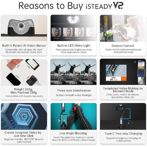  hohem iSteady V2 Gimbal Stabilizer for Smartphone,3-Axis Handheld Professional Video Stabilizers with Grip AI Tracking Type-C Reverse Charging Adjustable LED Video Light for Vlog L