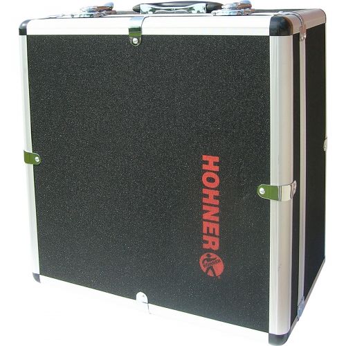  Hohner},description:This Hohner 12X hard-shell accordion case is black with chrome trim and features a red Hohner logo outside. Inside it is lined with black plush material to prot