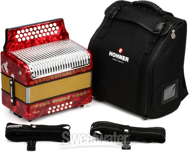  Hohner Corona II Classic Diatonic Accordion - Keys of F/Bb/Eb - Pearl Red